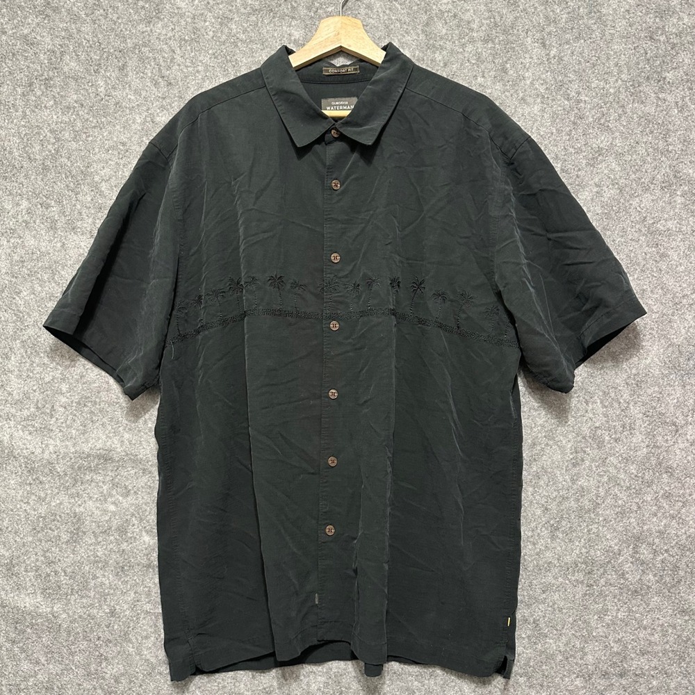 Quiksilver Waterman Shirt Mens XL Black Palm Tree Embroidered Comfort Fit Aloha